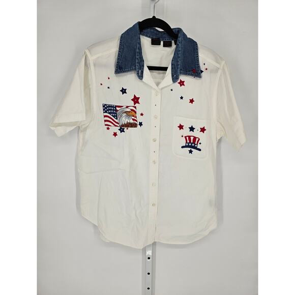 Quizz Woman Womens Embroidered Short Sleeve Denim Collar Button Down Top Size 16 - Picture 1 of 6